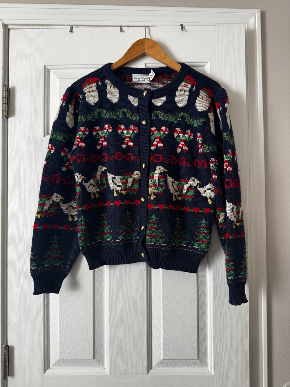 Vintage Touchy Subject Goose Christmas Cardigan Sweater Navy Blue Petite Medium